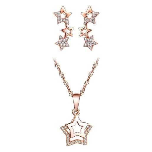 CPSLOVE collane e orecchini con stella da donna, parure di gioielli in argento 925, collana ciondolo stella, catena da 45cm, orecchini a stella, zircone intarsiato, oro rosa