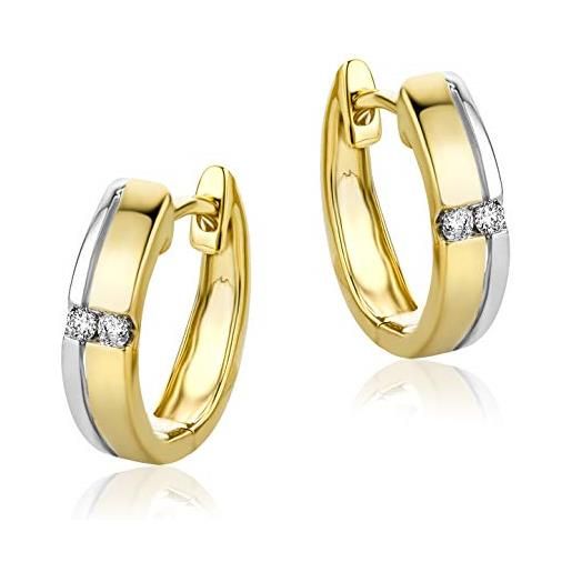 OROVI orecchini orovi a cerchio in oro giallo e bianco lucido con diamanti, vero oro 14kt 585, con incassati 4 brillanti. Chiusura con perno passante a scatto. 