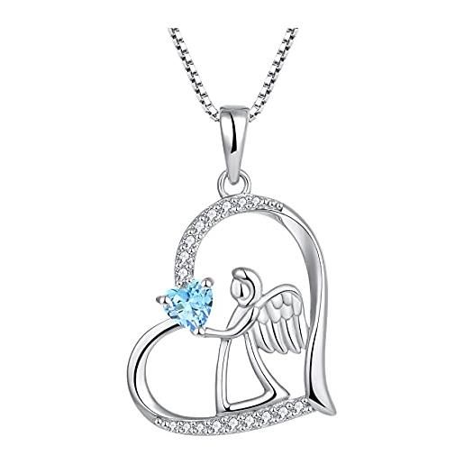 FJ collana cuore angelo custode argento 925 collana con ciondolo ala d'angelo collana marzo pietra portafortuna acquamarina gioielli regalo per donna