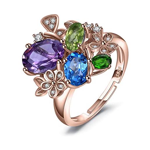 JewelryPalace anelli donna regolabili argento 925, anelli colorati donna oro rosa pietre naturali, fiore anello da cocktail con ametista viola topazio azzurro peridoto cromo diopside gioielli donna