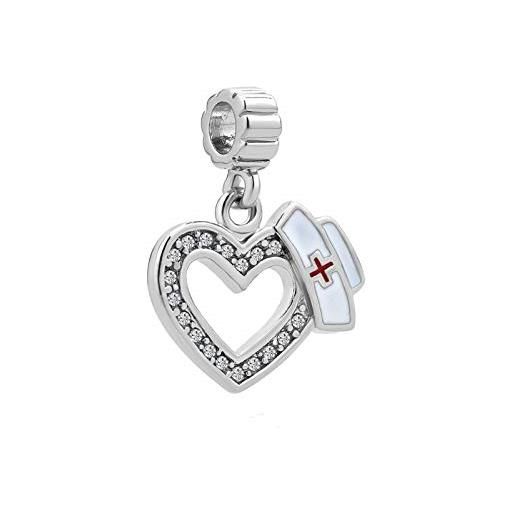 LSxAB charm a forma di cuore con stetoscopio e infermiera, compatibile con braccialetti pandora, rame, nessuna pietra preziosa
