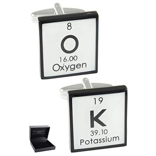 COLLAR AND CUFFS LONDON - gemelli di alta qualità e scatola regalo - ok - ottone - tavola periodica - simboli chimici - colori bianco e nero - scienza quadrati