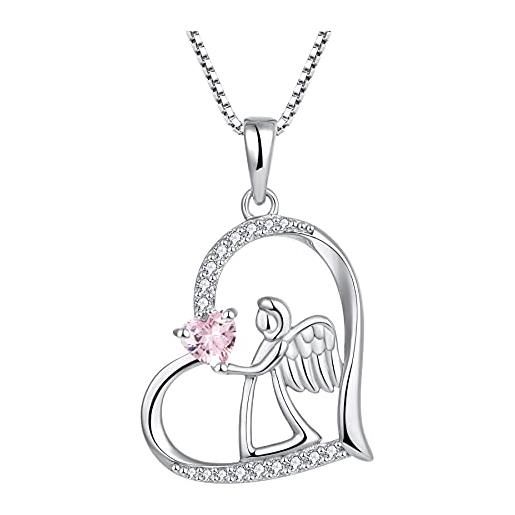 FJ collana cuore angelo custode argento 925 collana con ciondolo ala d'angelo collana ottobre pietra portafortuna tormalina rosa gioielli regalo per donna
