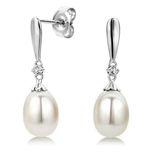 Orovi, orecchini da donna con perle, set di orecchini in oro bianco 9 carati (375), con diamante