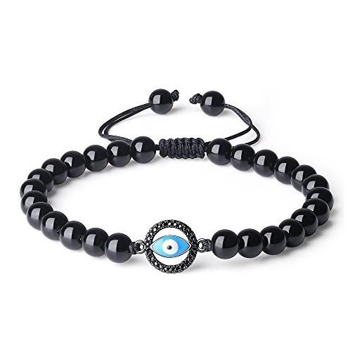 COAI bracciale da uomo e da donna con perle in ossidiana e amuleto occhio del diavolo, bracciale regolabile di ispirazione shamballa in pietre naturali benefiche taglia s