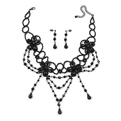 Avalaya parure girocollo e orecchini in stile vittoriano/gotico/burlesque, con perline nere, misura unica, perspex (acrilico)