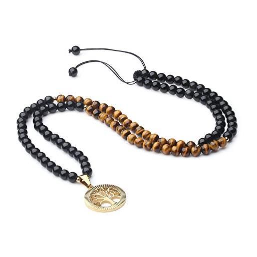 COAI collana 108 perle mala con amuleto albero della vita, collana regolabile in ossidiana e occhio di tigre