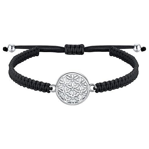 J.Endéar fiore della vita amuleto bracciale per donne ragazze, argento 925 filigrana fatta a mano corda yoga gioielli, conferma regalo di compleanno, nero