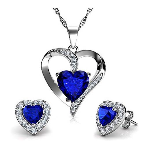 DEPHINI - set di gioielli blu - forma di doppio cuore collana e orecchini - con zirconia cubica - collana argento donna 925 - idea regalo per donne e ragazze