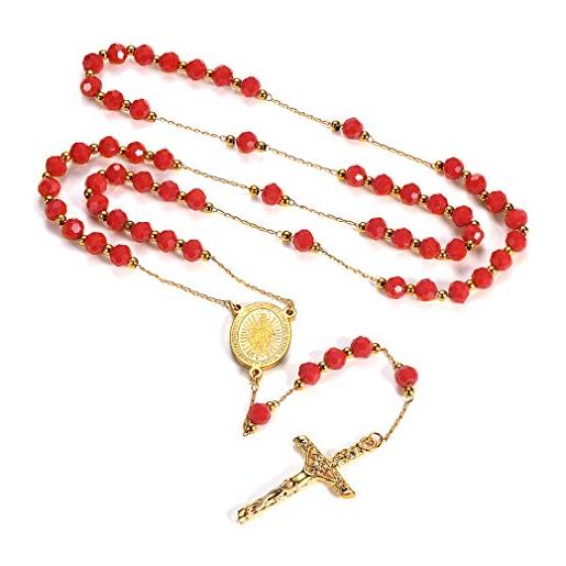 Faithheart - rosario con perline, rito cattolico, per donna e uomo, collana extra lunga e acciaio inossidabile, colore: crystal beads-red, cod. Tn12044k-61-e