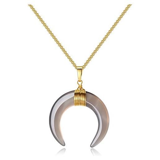 COAI collana da donna con ciondolo amuleto doppio corno luna crescente in agata grigia, catena in acciaio inox placcato oro