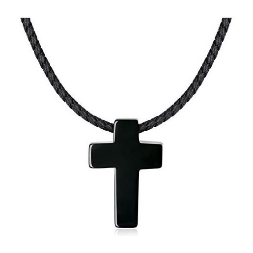 COAI pendente croce unisex in ossidiana nera, laccio in pelle