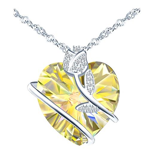 INFINIONLY collana di cristallo cuore dell'oceano, pendente cuore da donna, in argento 925, collana di cristalli giallo, circondato da rose, intarsiato con zircone lucido, lunghezza catena 45cm