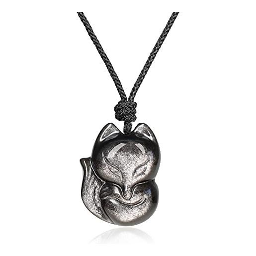 COAI pendente volpe in ossidiana argento, collana pendente da donna e da uomo con laccio regolabile e pendente in pietre naturali