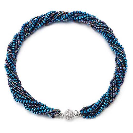 COOLSTEELANDBEYOND blu scintillante statement pendente collana multi strati perline cristallo intrecciato catena girocollo choker fermoir magnétique