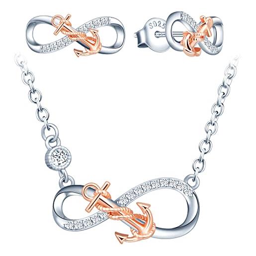 INFINIONLY collana orecchini da donna ragazza, parure di gioielli in argento 925, gioielli simbolo dell'infinito in argento intarsiato con ancora in oro rosa, zircone, processo di galvanica bicolore