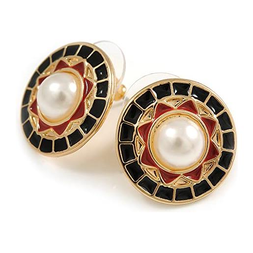 Avalaya orecchini a bottone con perle finte smaltate nere/rosse da 18 mm in tonalità oro, perla