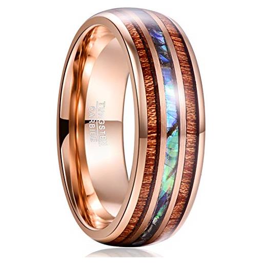 VAKKI anello uomo/donna 8mm oro rosa carburo di tungsteno conchiglia abalone e anello intarsio legno koa hawaiano taglia 27.5