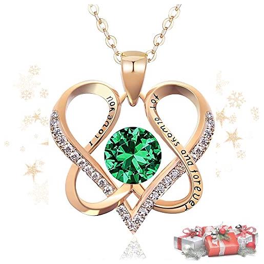 DYD s925 argento collane con ciondolo a cuore donna, oro rosa doppio cuore pietra del cuore, regalo san valentin, festa della mamma, compleanno, anniversario (verde)