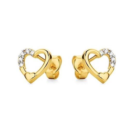 PRINS JEWELS 14 carati 585 orecchini a forma di cuore con zirconi italiani, orecchini in oro giallo