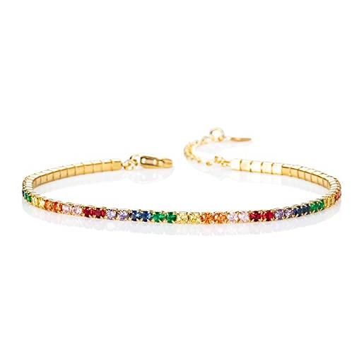namana bracciale tennis donna multicolore, braccialetto sottile colorato per donna e raggazza, delicato bracciale tennis arcobaleno con zirconi cubici, bracciale oro colorate donna