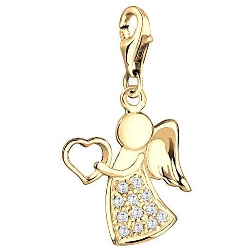 Nenalina 0403971319 - ciondolo a forma di angelo con cuore, in argento sterling 925, da donna, portafortuna, con cristalli, adatto per tutti i comuni braccialetti e bracciali, colore: oro