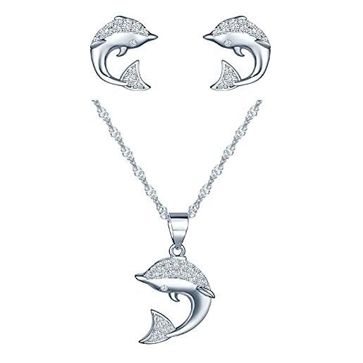 CPSLOVE collana da donna ragazze, orecchini da donna ragazze, parure di gioielli in argento 925, collana pendente delfino di diamanti, orecchini delfino di diamanti, argento