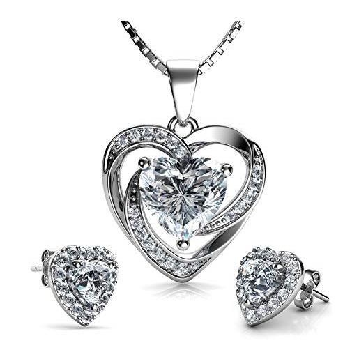 DEPHINI - parure di collana e orecchini a cuore bianco - argento sterling 925 - orecchini con cristallo e pietra portafortuna - set di gioielli da donna - zirconia cubica