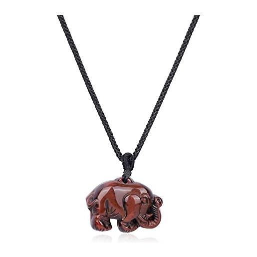 COAI collana pendente elefante portafortuna di pietra naturale occhio di tigre rosso per uomo e donna