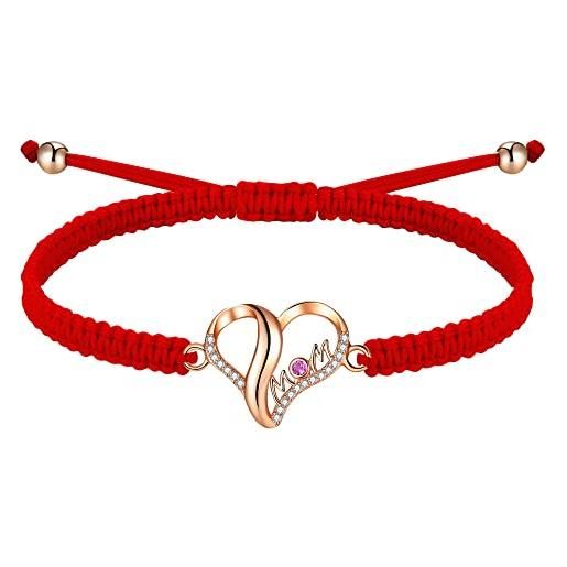 J.Endéar bracciale mamma fatto a mano corda intrecciata cuore d'amore argento 925 zirconi rossi gioielli donna festa della mamma regalo di compleanno (oro rosa, rosso)