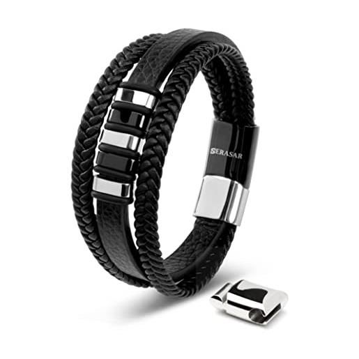SERASAR bracciale uomo pelle argento 20cm braccialetto cuoio aggiustabile magnetico perline nere