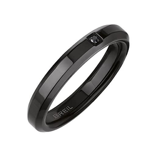 Breil, anello uomo collezione y, fedina da uomo in acciaio lucido ip black con cristallo nero incastonato, anello maschile dal design semplice e minimal