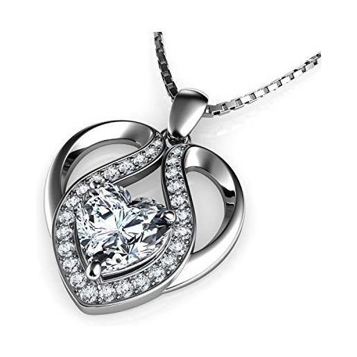 DEPHINI - graziosa collana in argento sterling 925 con ciondolo a forma di cuore con cristalli di zirconia cubica, collana da donna in argento placcato al rodio