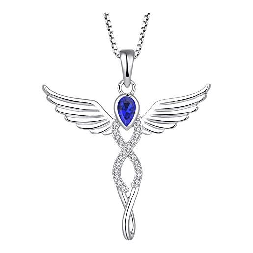 FJ collana croce ala d'angelo argento 925 collana con ciondolo angelo custode collana infinito spinello blu settembre pietra portafortuna gioielli regalo per donna