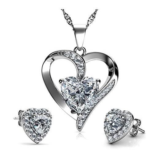 DEPHINI - parure collana a cuore e orecchini a forma di cuore - argento sterling 925 - cristalli bianchi e pietra portafortuna - set di gioielli da donna - zirconia cubica