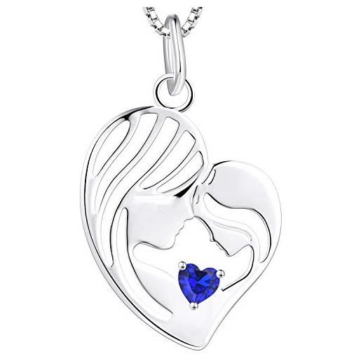 YL collana madre e figlia argento 925 e settembre pietra portafortuna spinello blu pendente cuore per mamma donna, catena 18-20cm