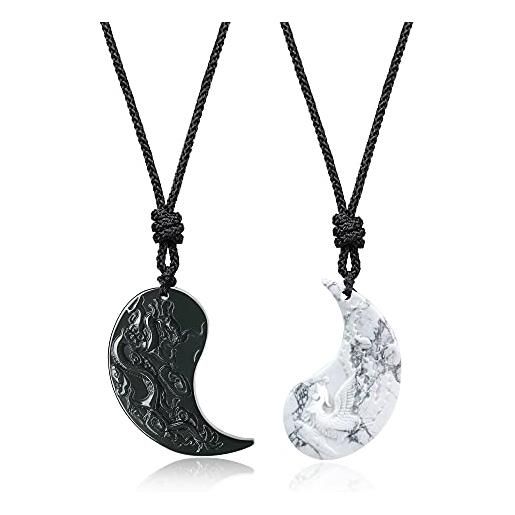 COAI coppia di pendenti yin yang drago e fenice in ossidiana e howlite, collane pendenti regolabili per innamorati