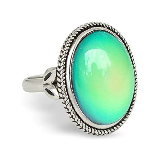 Fun jewels, anello in ottone placcato in argento anticato con pietra ovale che cambia colore, misura regolabile, in ottone