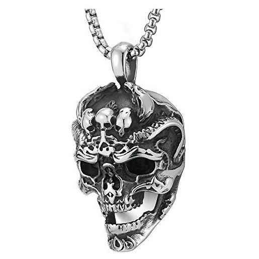 COOLSTEELANDBEYOND grande annata cranio ciondolo, collana con pendente teschio uomo, acciaio catena grano 75cm, biker gothic