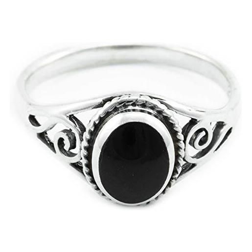 Windalf bohemia - anello in argento sterling 925, 9 mm, con onice e spirali, stile vintage e argento, 52 (16.6), colore: nero, cod. R403-3