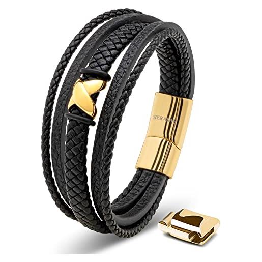 SERASAR regalo uomo braccialetto uomo 23cm oro bracciale pelle cuoio regolabile magnetico inox bracciali braccialetti perline bracialetto cinturino braciale bambino bracelet braciale nere accessori