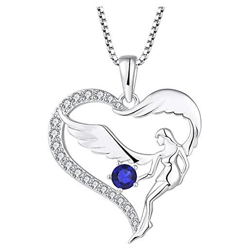 FJ collana cuore angelo custode argento 925 donna collana con ciondolo ala d'angelo collana settembre pietra portafortuna spinello blu gioielli regalo per donna