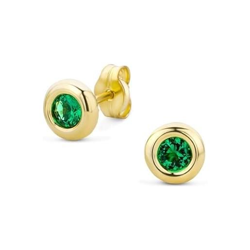 OROVI orecchini orovi in oro giallo e smeraldi circondati da un bordo di oro giallo lucido, vero oro 9kt 375, bottoni ipoallergenici con perno e chiusura farfalla a pressione. 