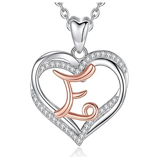 INFUSEU collana lettera per donna, 925 argento sterling oro rosa iniziale e cuore cubic zirconia gioielli cz per signora moglie madre fidanzata regali romantici, catena da 20 pollici