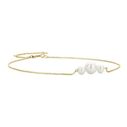 Orovi bracciale da donna in oro giallo con 3 perle d'acqua dolce bianche da 6,5 mm, in oro 14 carati (585), lunghezza regolabile 18-22 cm