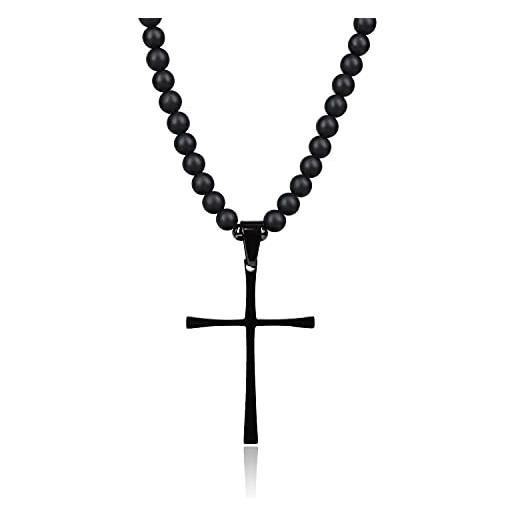 COAI collana da uomo con perle di onice opaca e ciondolo croce in acciaio inox nero