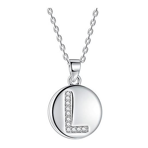 J.Endéar collana da donna con lettera iniziale l, pendente a disco in argento 925 con zirconi cubici aaa, lunghezza catena 40 + 5 cm