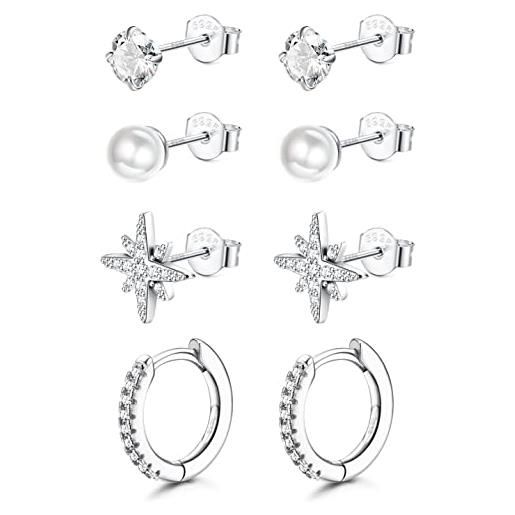 CASSIECA 4 paia di orecchini in argento 925 per donne ragazze orecchini cerchio orecchini perle orecchino zircone