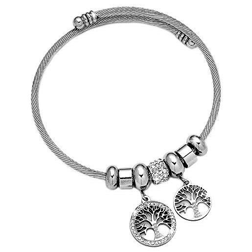 Beloved bracciale da donna in acciaio snodabile e cristalli, bangle semirigido, con charms pendenti (albero della vita)