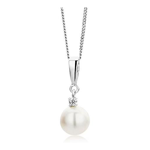 Orovi collana pendente donna con perla d'acqua dolce biancha con diamante taglio brillante ct 0.035 in oro bianco 9 kt 375 catena 45 cm